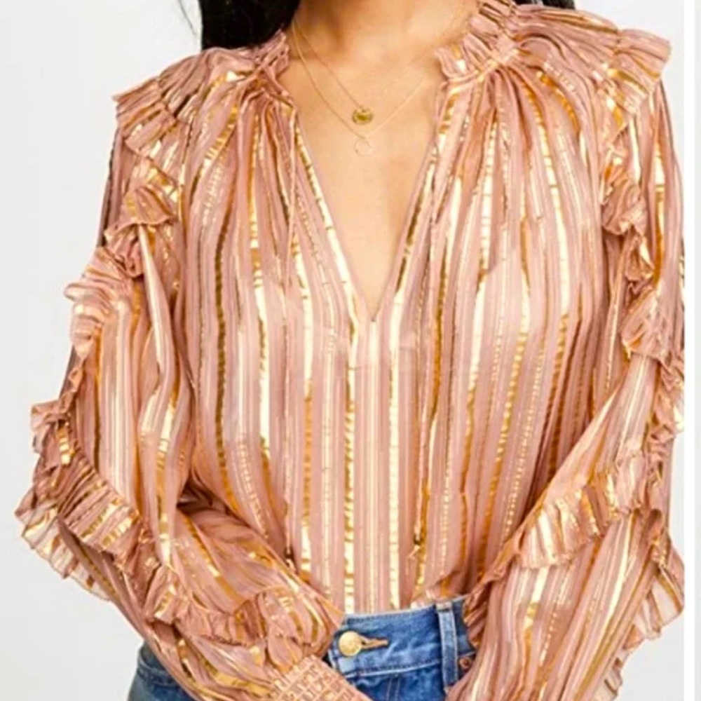 Ulla Johnson | Top Lucinda Blouse Striped Rose V Neck Long Sleeve Silk Blend- 4